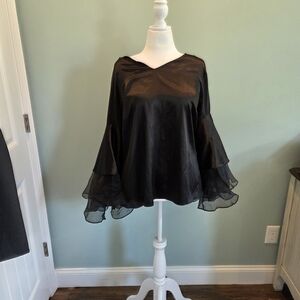 Studio EY Satin Black Blouse With Tiered Bell Layered Sleeve Women's Size XL